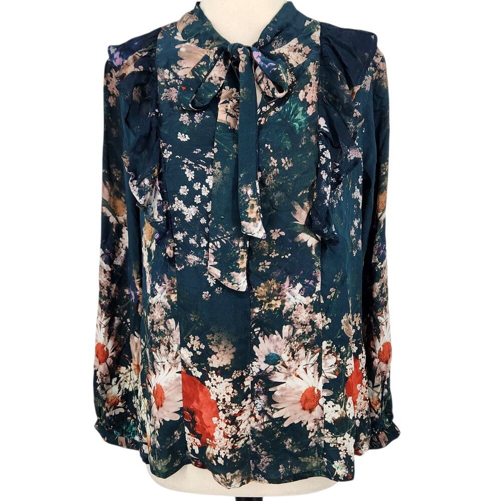Tolani Silk Top Teal White Daisy Photo Print Keyhole Neck Ruffle Shoulder